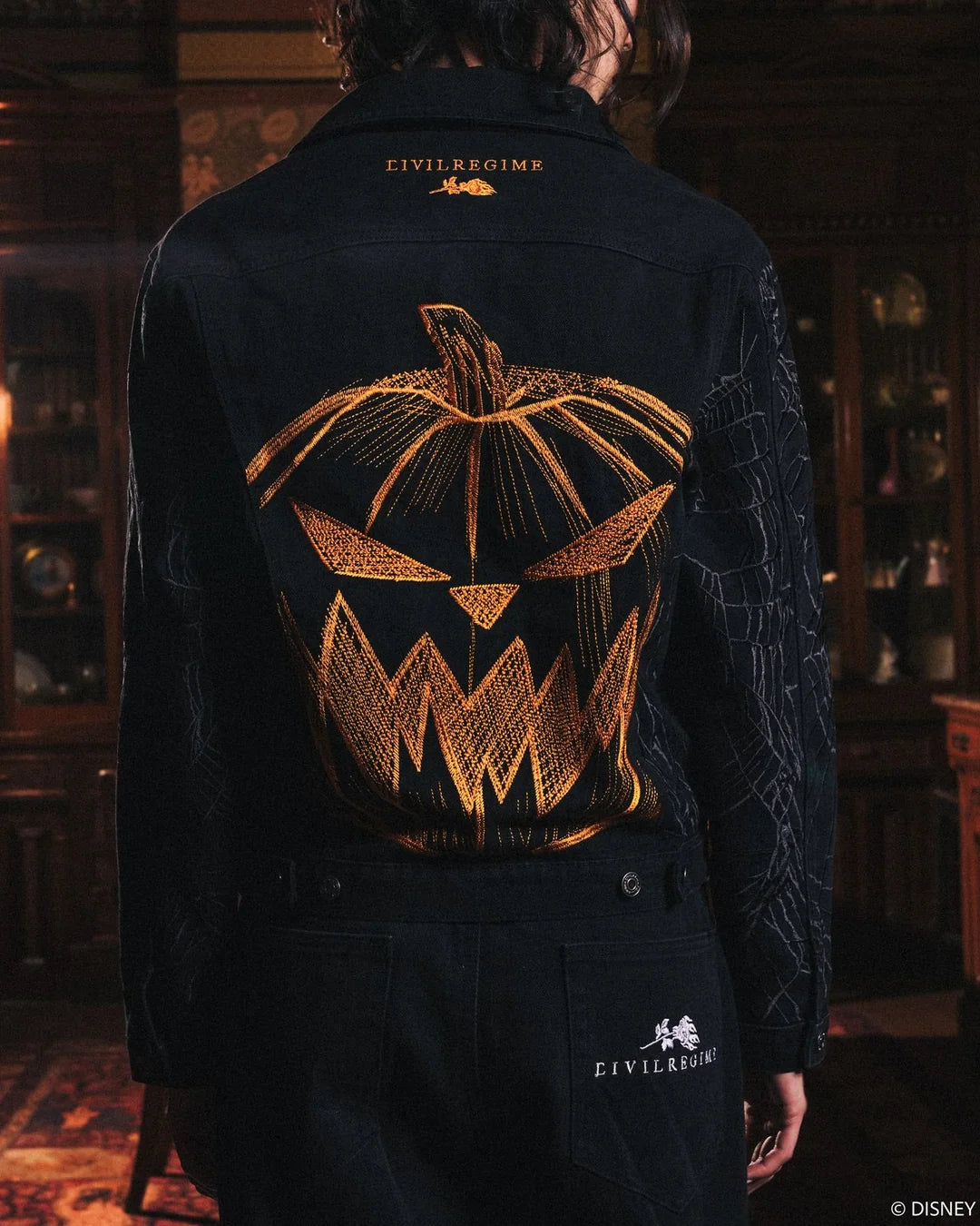 PUMPKIN FREIGHT RAW DENIM JACKET IN BLACK/HALLOW ORANGE