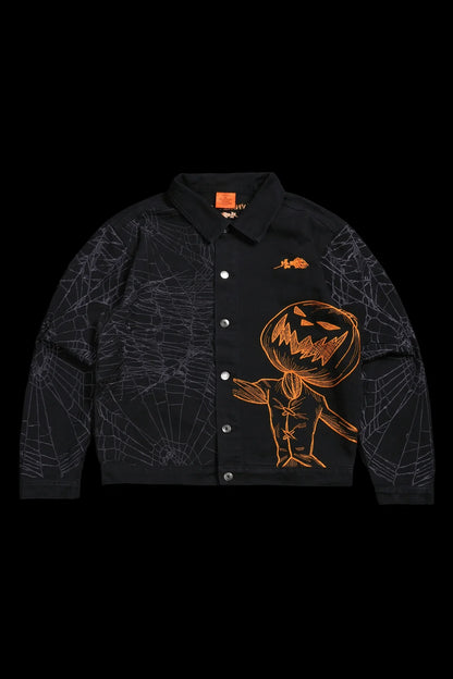 PUMPKIN FREIGHT RAW DENIM JACKET IN BLACK/HALLOW ORANGE