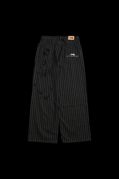 HELL BOUND BATS RAW DENIM JEANS IN BLACK/WHITE PINSTRIPE
