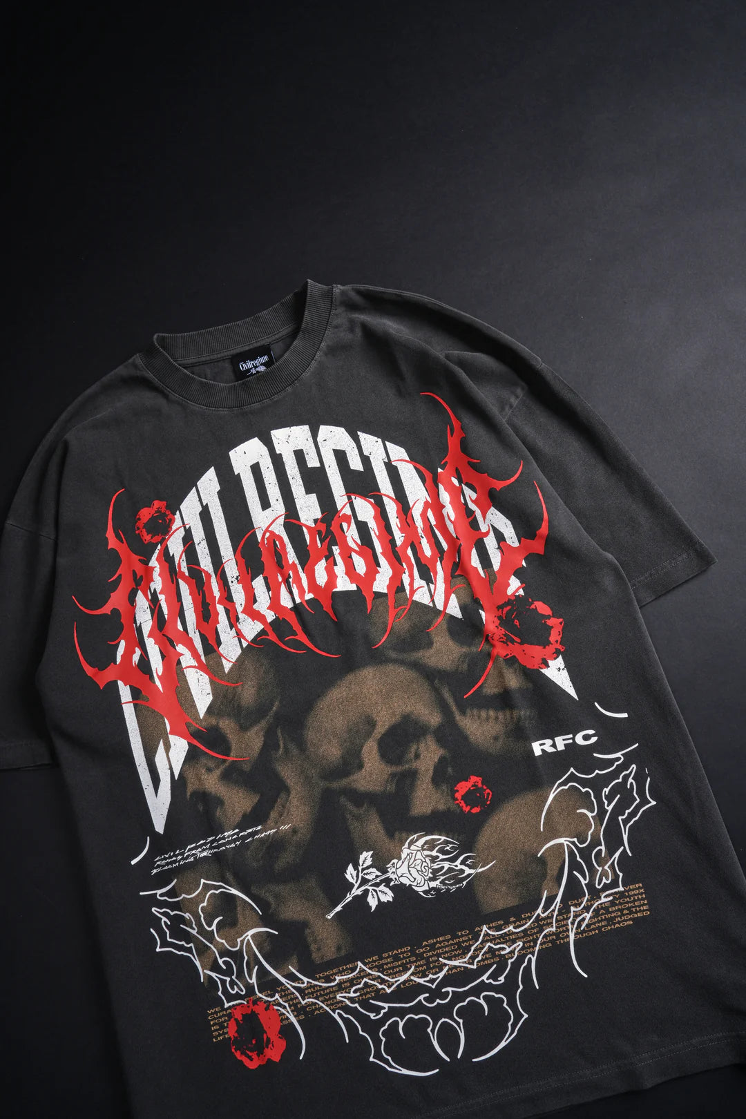 CIVILREGIME THE RAPTURE OF ROSES AMERICAN CLASSIC OVERSIZED TEE IN VINTAGE ASHES