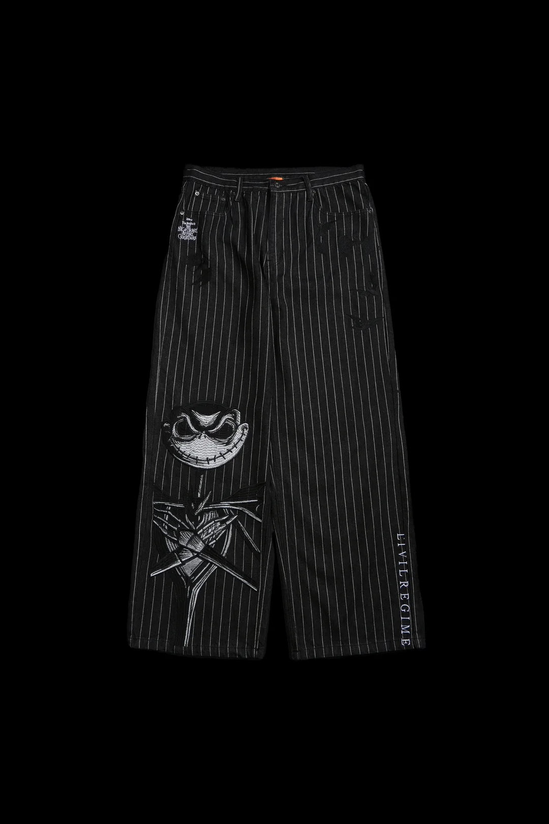 HELL BOUND BATS RAW DENIM JEANS IN BLACK/WHITE PINSTRIPE