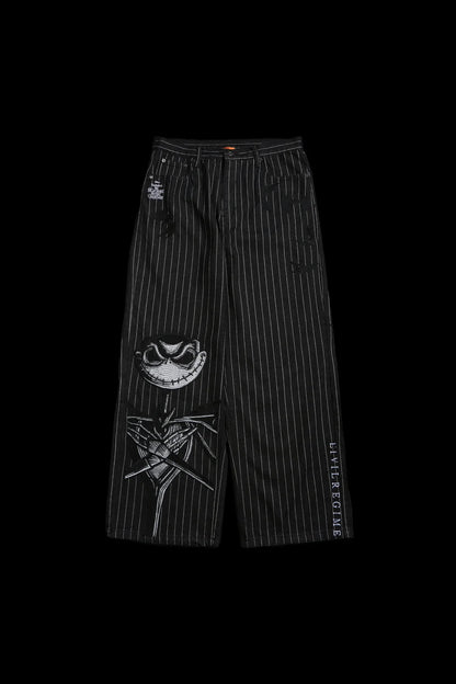 HELL BOUND BATS RAW DENIM JEANS IN BLACK/WHITE PINSTRIPE