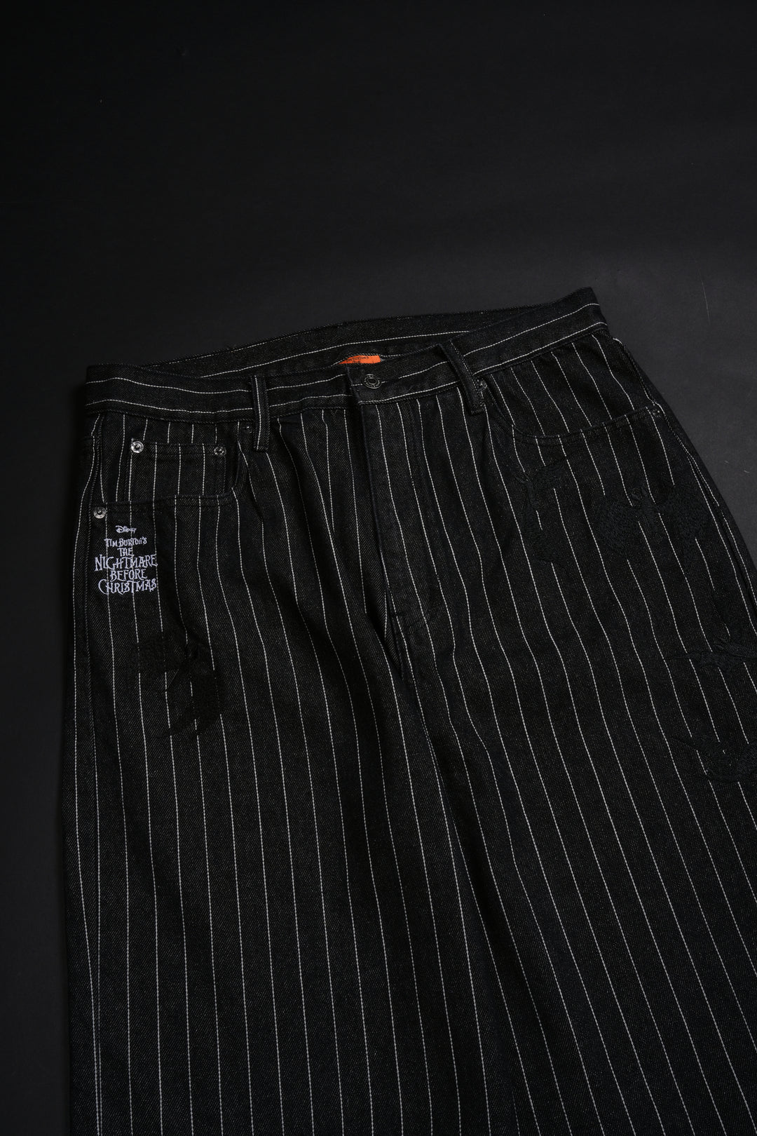 HELL BOUND BATS RAW DENIM JEANS IN BLACK/WHITE PINSTRIPE