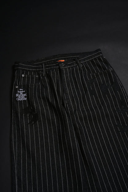 HELL BOUND BATS RAW DENIM JEANS IN BLACK/WHITE PINSTRIPE