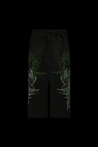 LUCID ETERNAL WIDE LEG FLEECE PANTS IN VINTAGE BLACK/ACID GREEN
