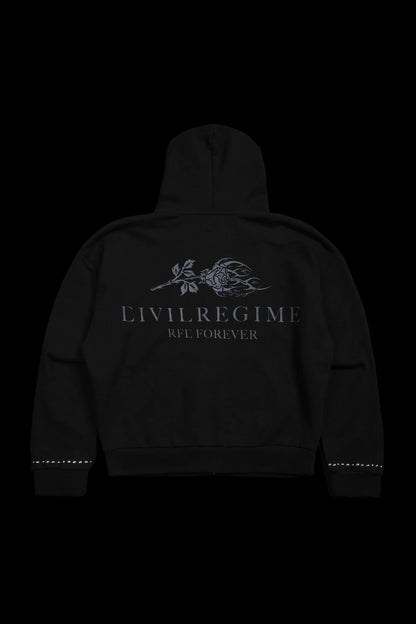 NIGHTMARE FOREVER OUTLIERS DISTRESSED ZIP UP HOODIE IN BLACK