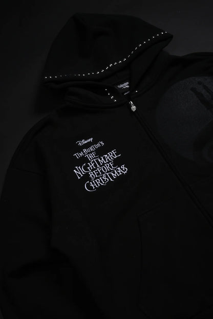 NIGHTMARE FOREVER OUTLIERS DISTRESSED ZIP UP HOODIE IN BLACK